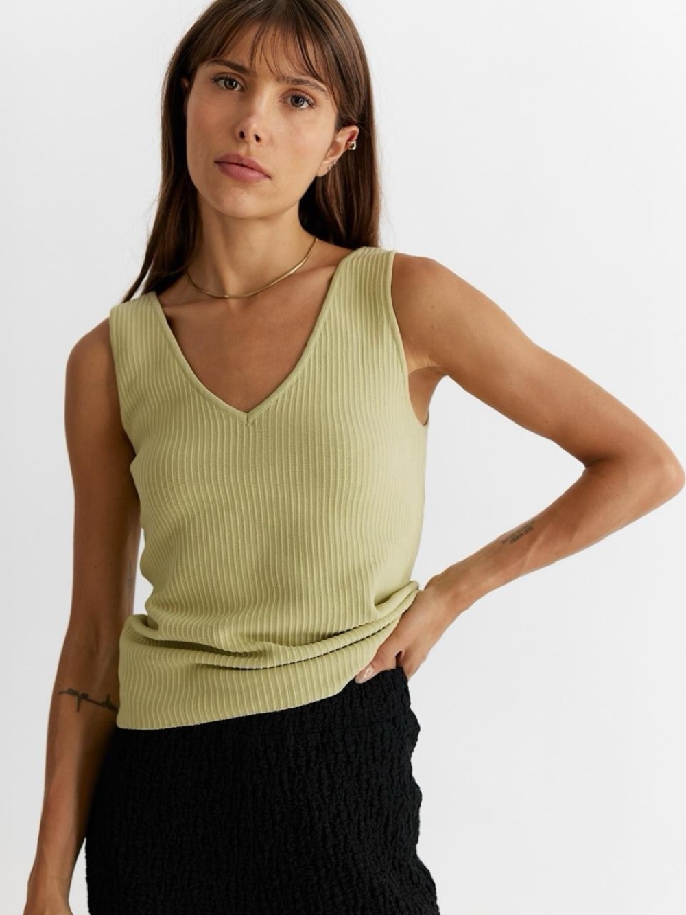 Ribbed V-Neck Tank Top - Light Olive